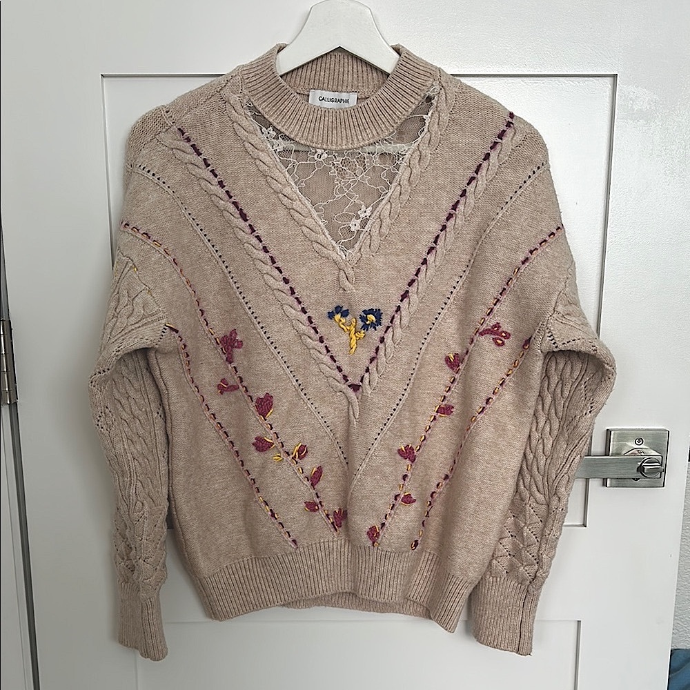 One of a kind calligraphie cable knit floral colorful sweater super cute custom